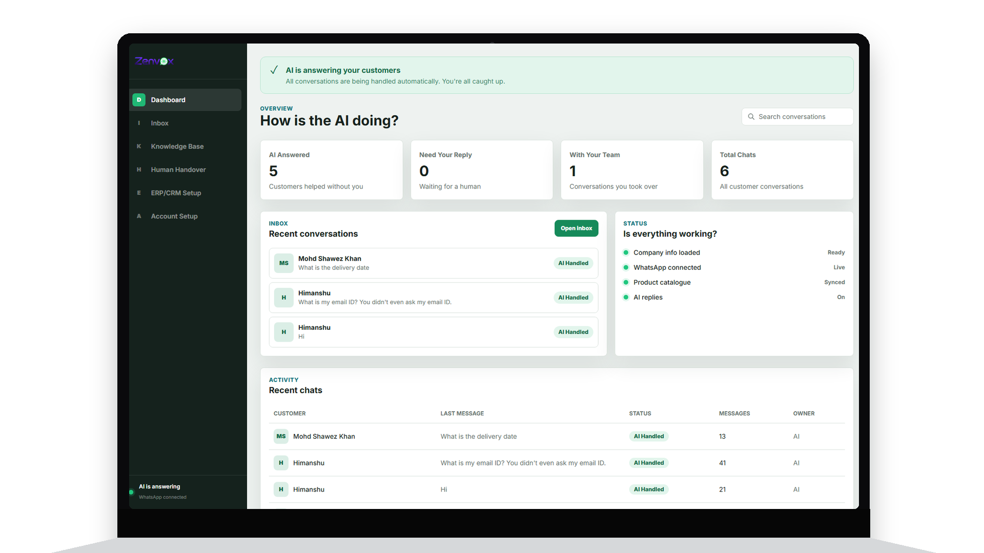 Zenvox dashboard showing AI-answered WhatsApp conversations